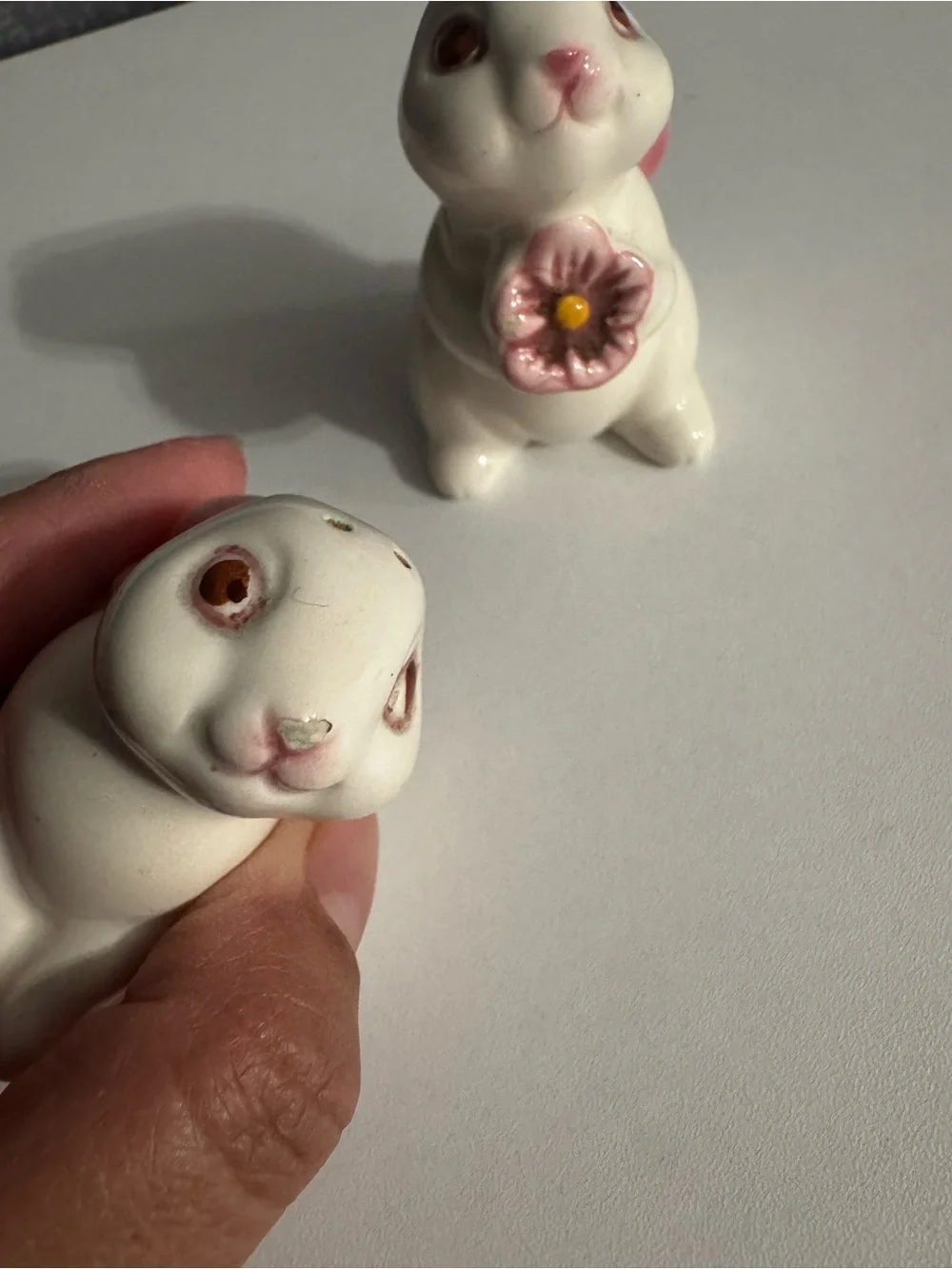 Vintage Avon Ceramic Bunny salt and pepper set with Pink Accents